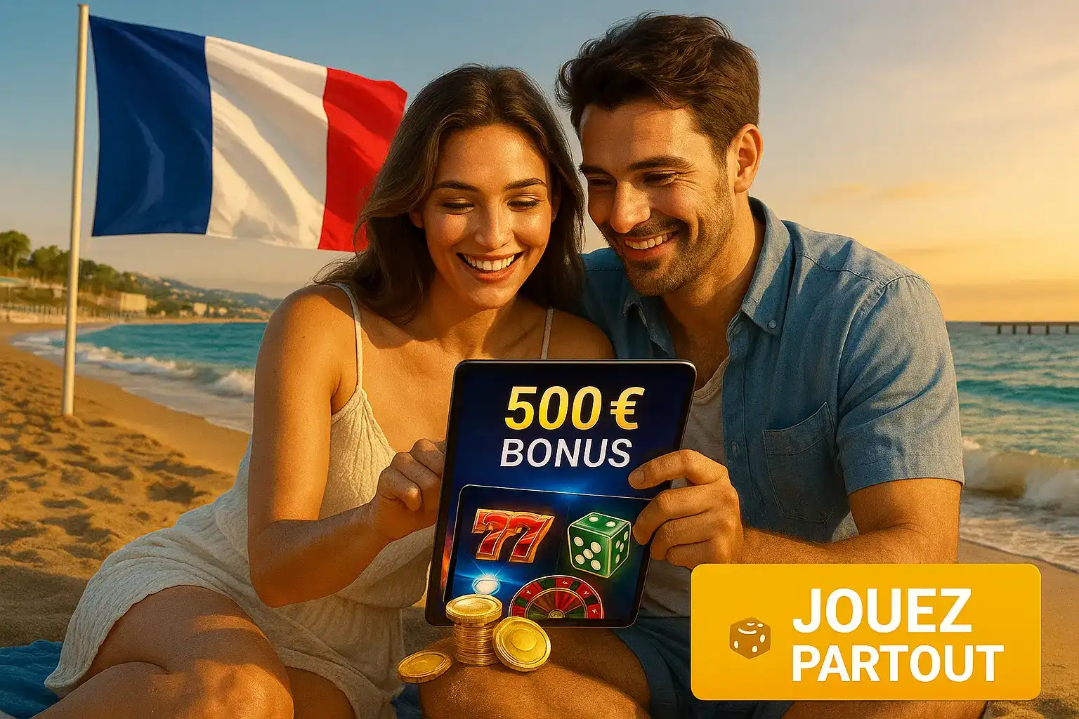 Un couple souriant sur une plage en France avec le drapeau français, jouant aux jeux de casino sur une tablette affichant un bonus de 500€ de casino770.