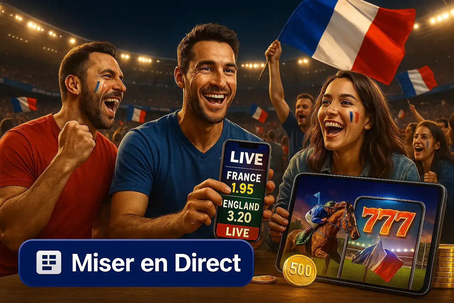 Des amis enthousiastes dans un stade regardent un match de football et placent des paris en direct sur France-Angleterre avec l'application mobile de casino770.