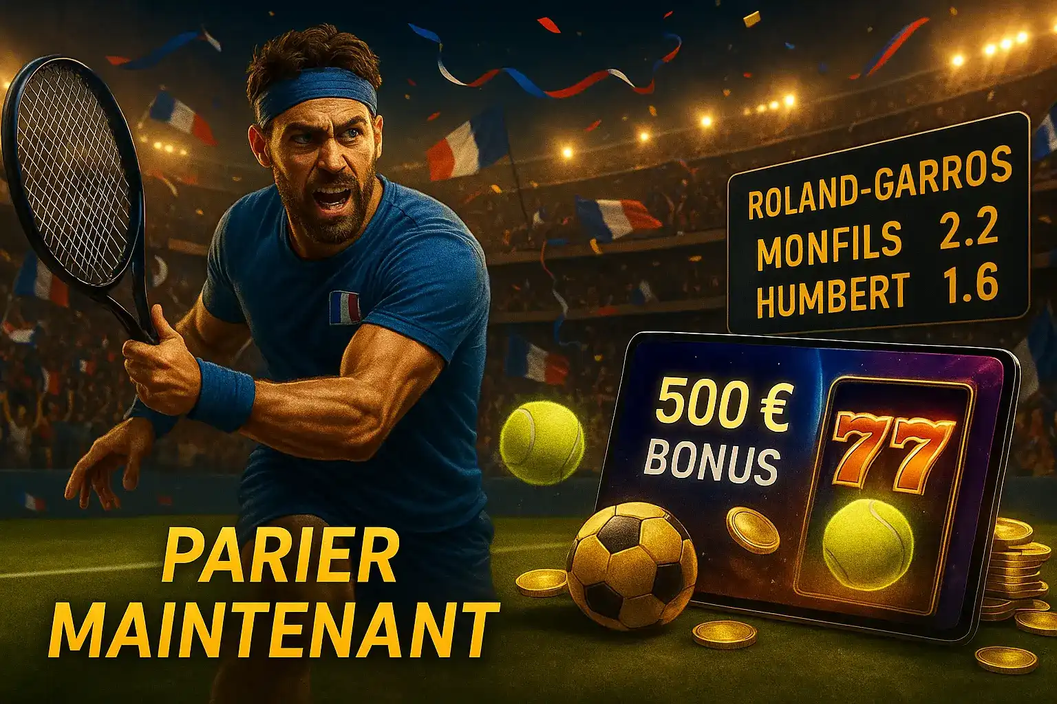 Un joueur de tennis en plein match à Roland-Garros, avec les cotes de paris pour Monfils et Humbert affichées. Pariez maintenant sur le tennis avec casino770.