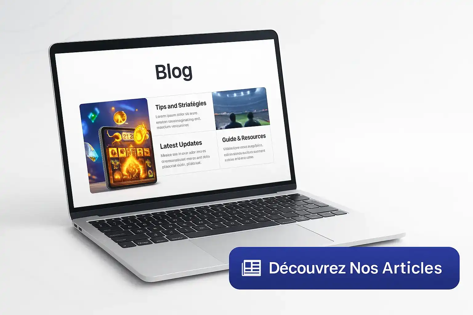 Un ordinateur portable affichant la page d'accueil du blog de casino770, proposant des articles sur les stratégies de jeu, les mises à jour et des guides complets.