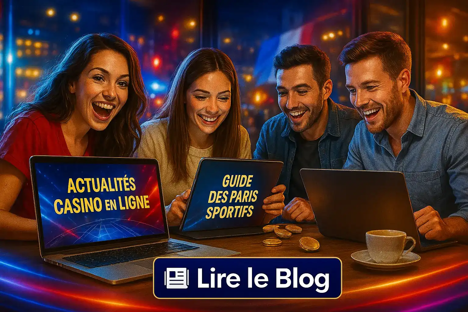 Un groupe d'amis souriants consulte le blog de casino770 pour lire les actualités du casino et des guides de paris sportifs pour améliorer leur jeu.
