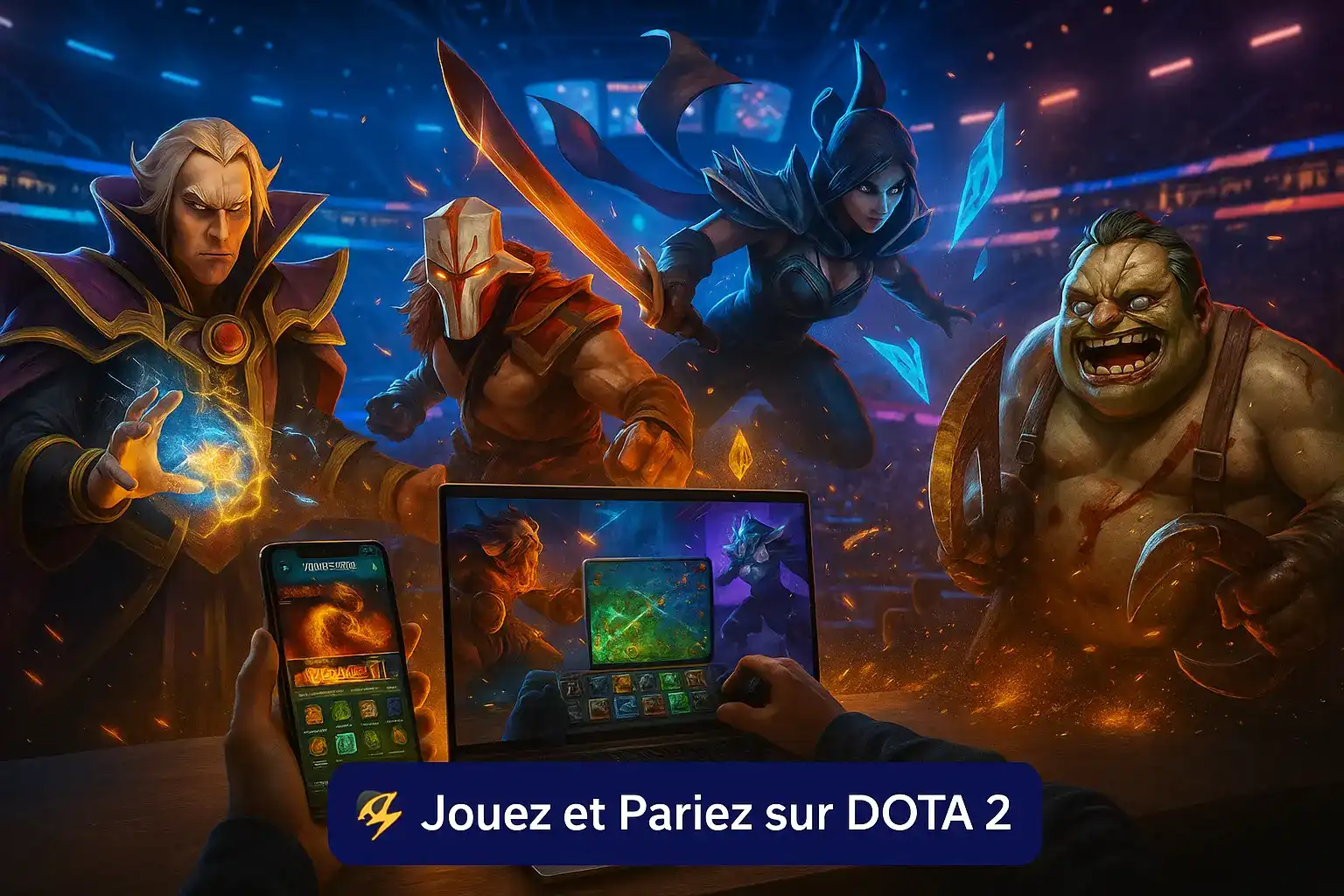 Des héros de DOTA 2 dans une arène d'esport, avec un joueur plaçant des paris sur le jeu via les plateformes mobiles et de bureau de casino770.