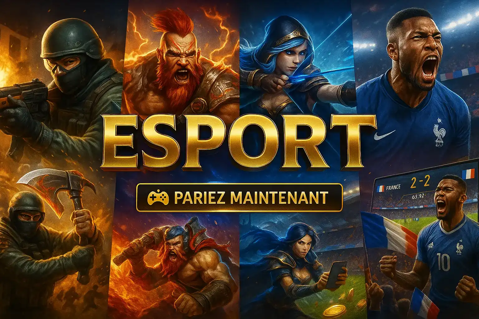 Collage d'images représentant les paris sur l'esport et le sport, avec des personnages de jeux vidéo et un footballeur. Pariez sur toutes vos compétitions favorites avec casino770.
