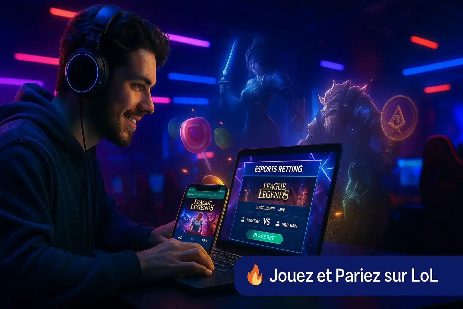 Un gamer souriant avec un casque parie sur un match de League of Legends depuis son ordinateur, utilisant la plateforme de paris esportifs de casino770.