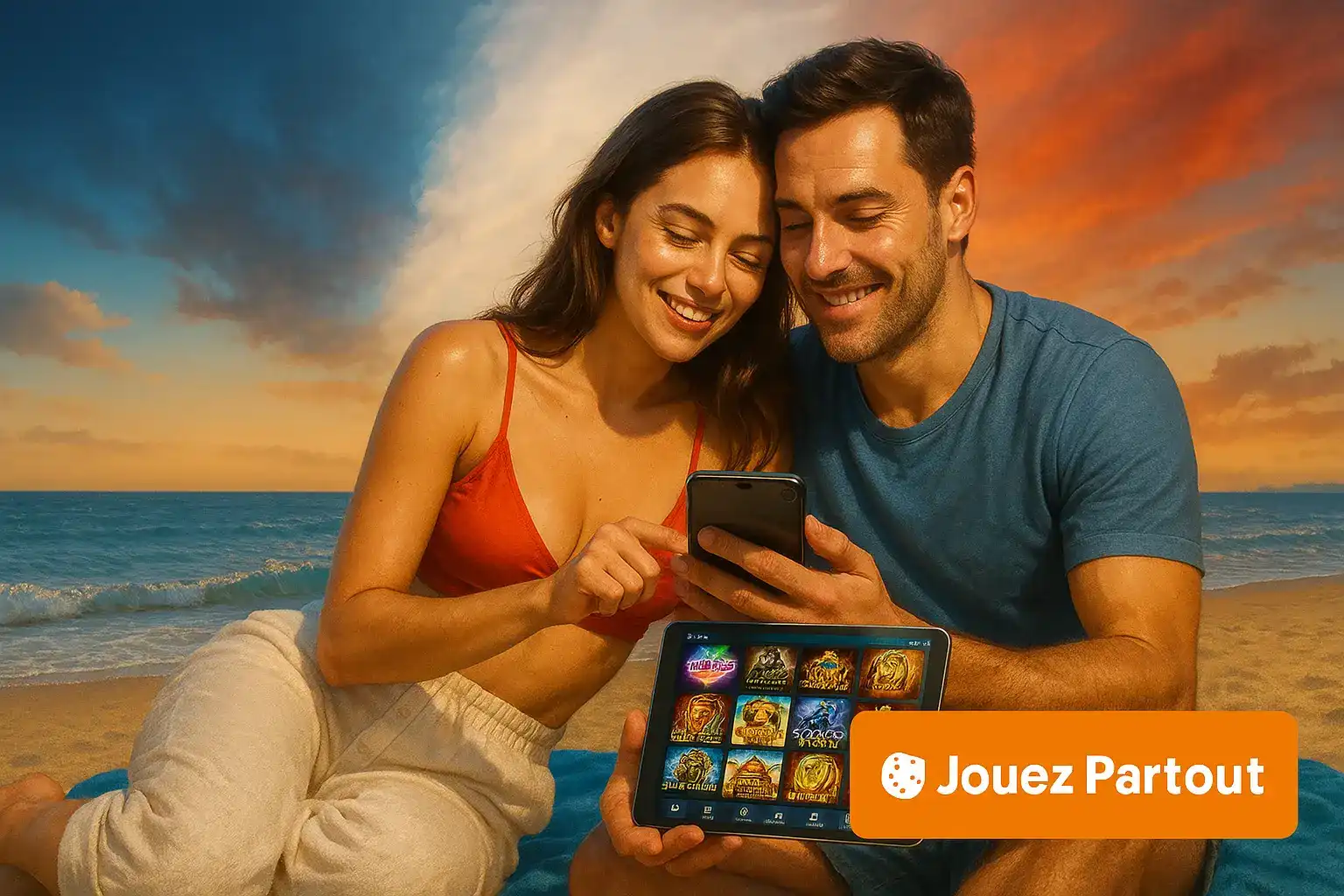 Un couple détendu sur une plage au coucher du soleil, choisissant parmi une large sélection de machines à sous sur l'application de casino770.