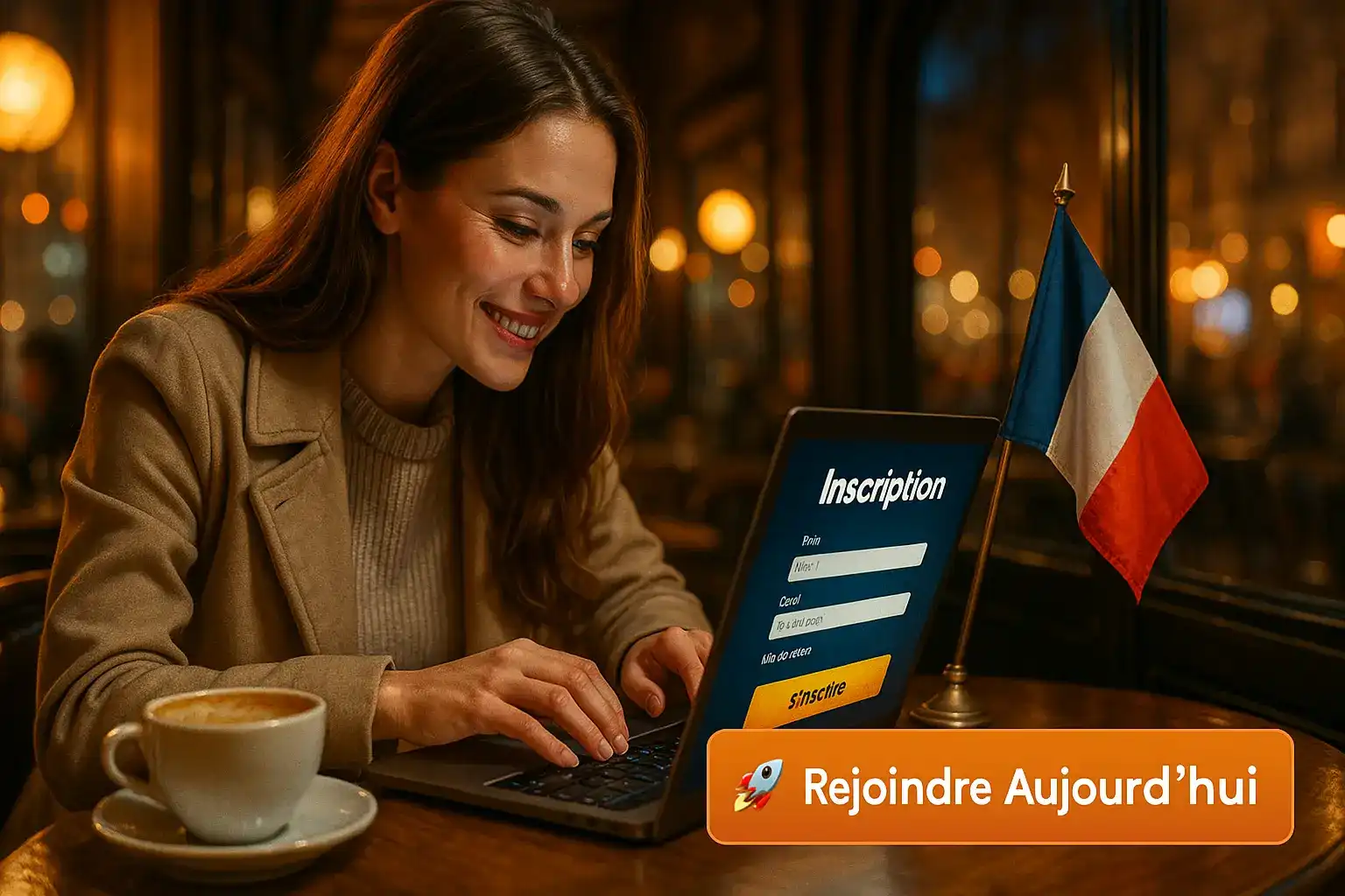 Une femme élégante dans un café parisien s'inscrit facilement sur le site de casino770 depuis son ordinateur portable pour commencer à jouer.