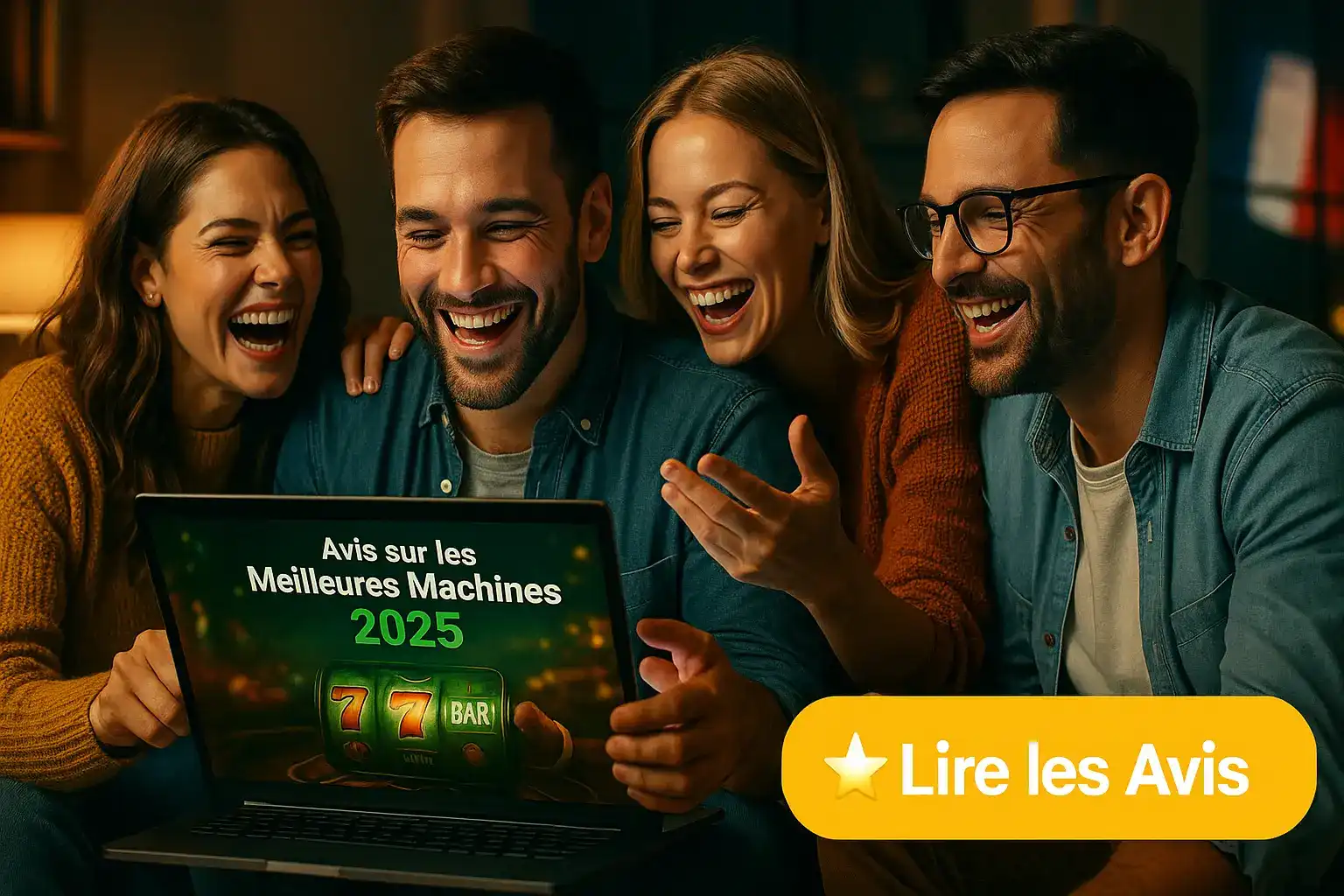 Un groupe d'amis enthousiastes lit des avis positifs sur les meilleures machines à sous de 2025 avant de choisir un jeu sur le site de casino770.