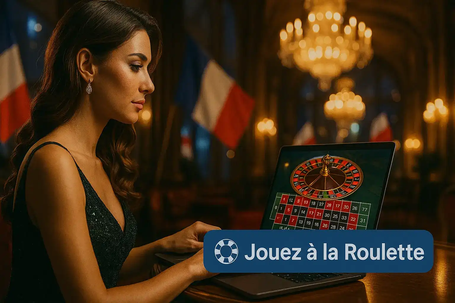 Une femme élégante dans une luxueuse salle de jeu avec des drapeaux français joue à la roulette en ligne sur son ordinateur portable avec casino770.
