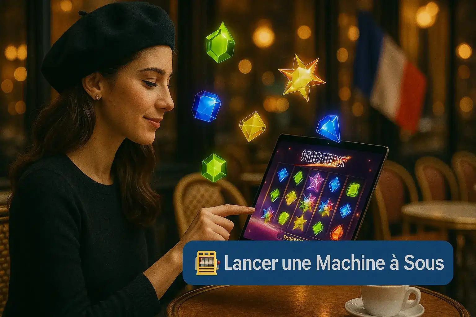 Une femme française avec un béret dans un café parisien lance la machine à sous Starburst sur sa tablette, un jeu populaire disponible sur casino770.