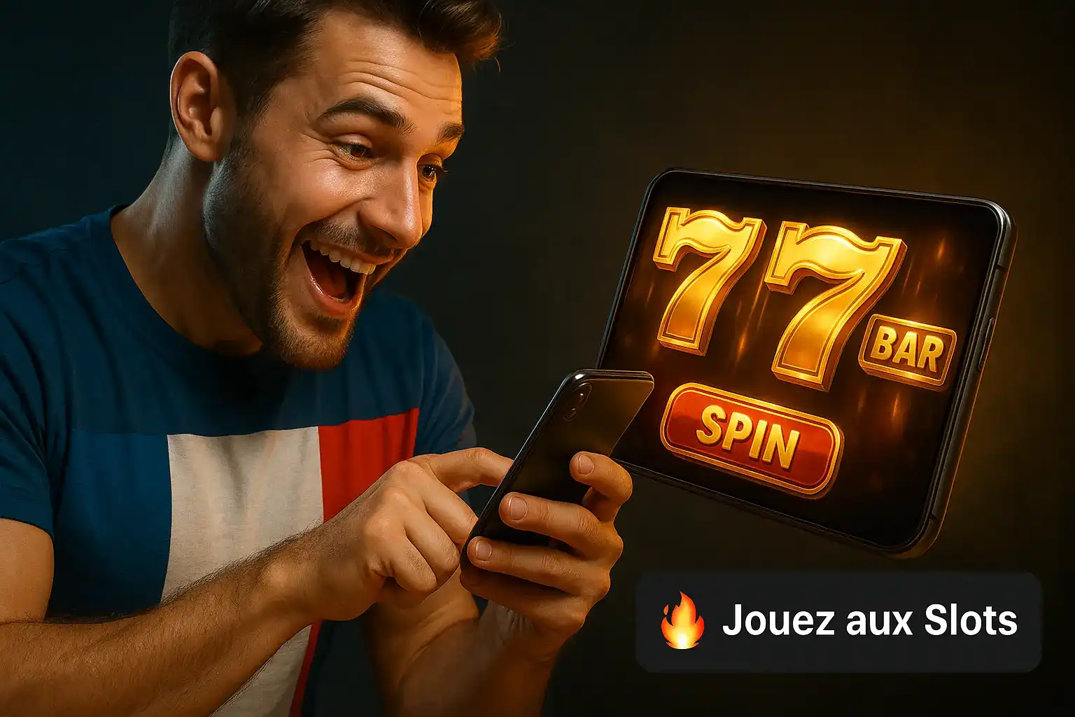Un supporter français excité gagne aux machines à sous 777 sur son smartphone, profitant de l'expérience de jeu intense offerte par casino770.