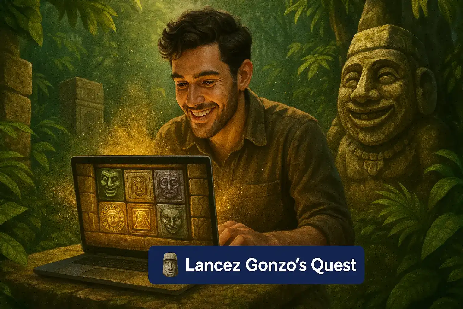Un homme souriant part à l'aventure en jouant à la célèbre machine à sous Gonzo's Quest sur son ordinateur portable avec le casino en ligne casino770.