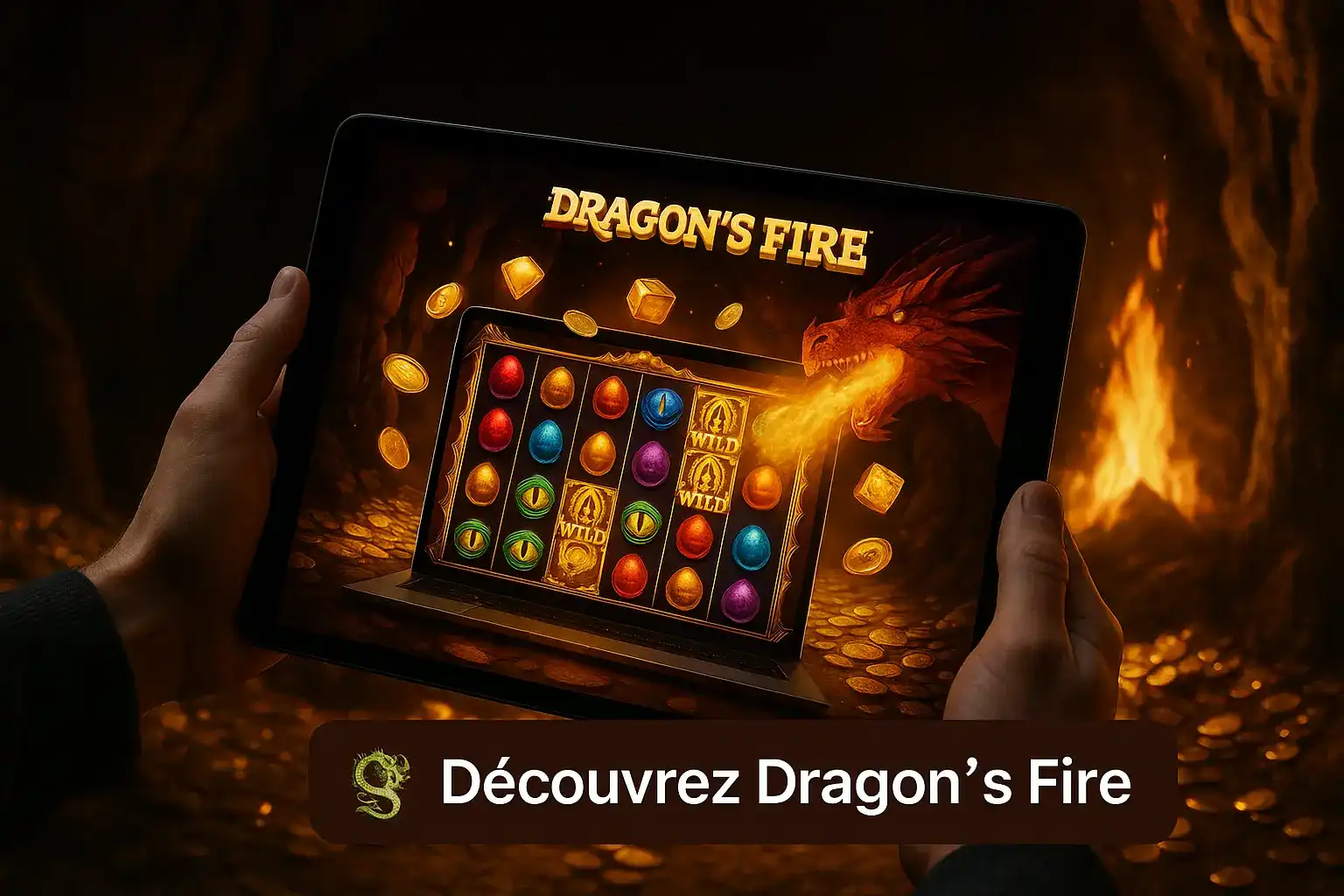 Un joueur plonge dans l'univers de la machine à sous Dragon's Fire sur une tablette, avec un dragon crachant du feu sur les rouleaux pour des gains épiques sur casino770.