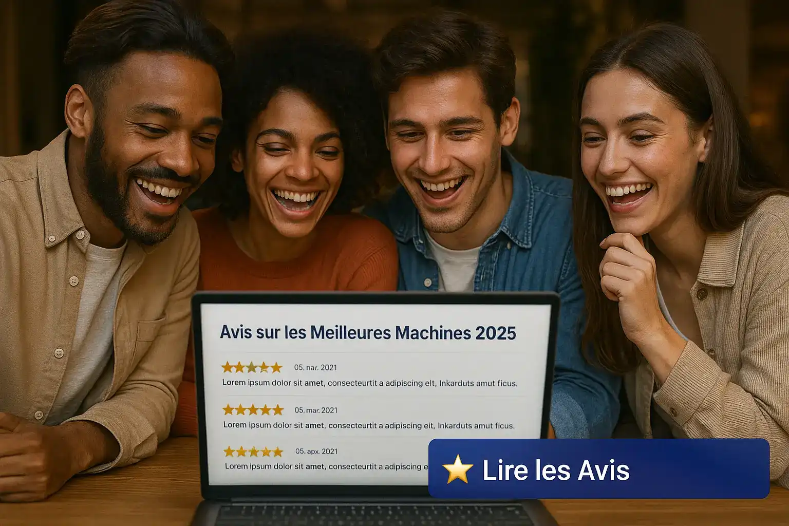 Un groupe d'amis joyeux lisant des avis et des critiques positives avec 5 étoiles sur les machines à sous de casino770 sur un ordinateur portable.