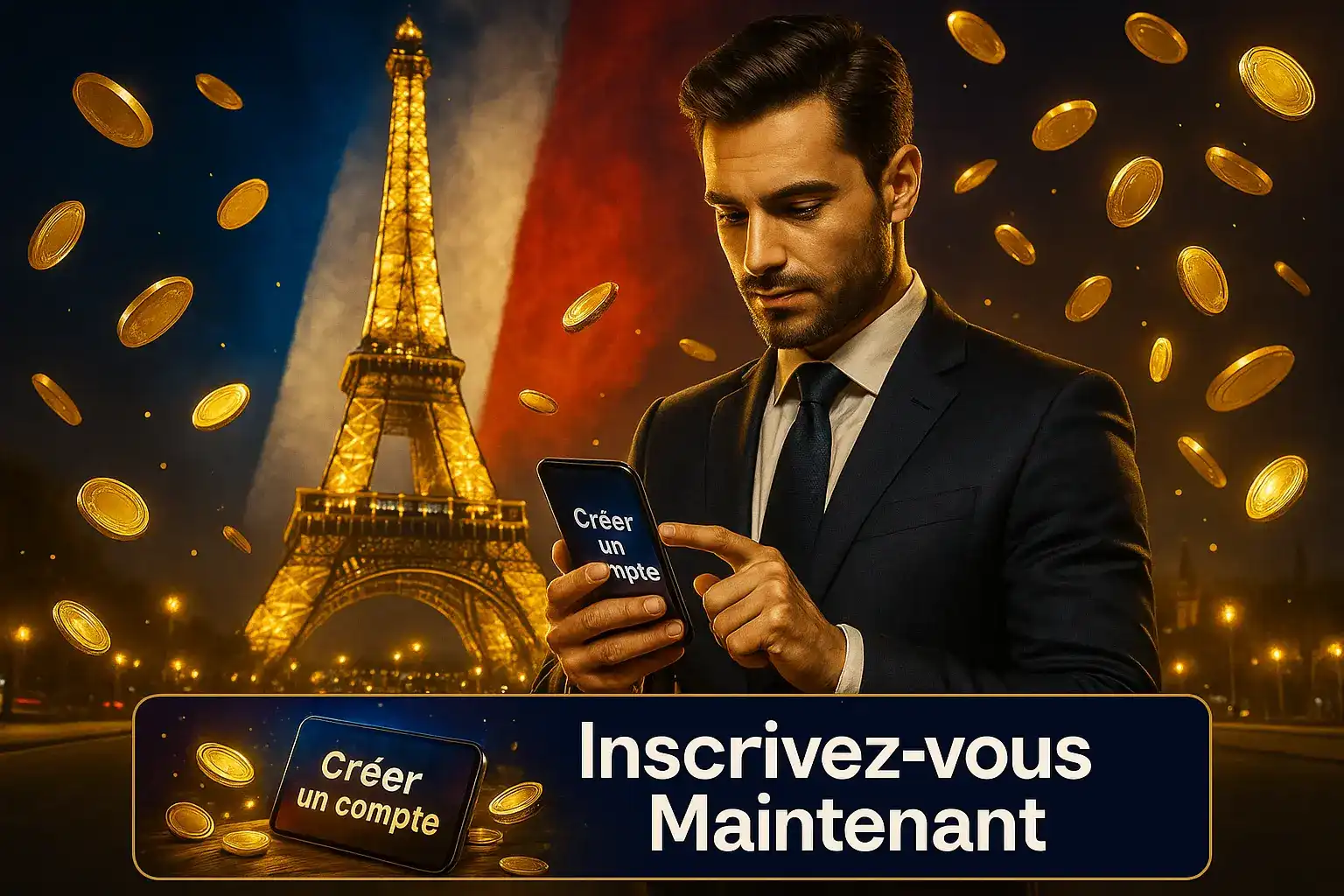 Un homme en costume crée son compte sur l'application mobile de casino770 devant la Tour Eiffel illuminée, symbolisant le jeu en ligne en France.