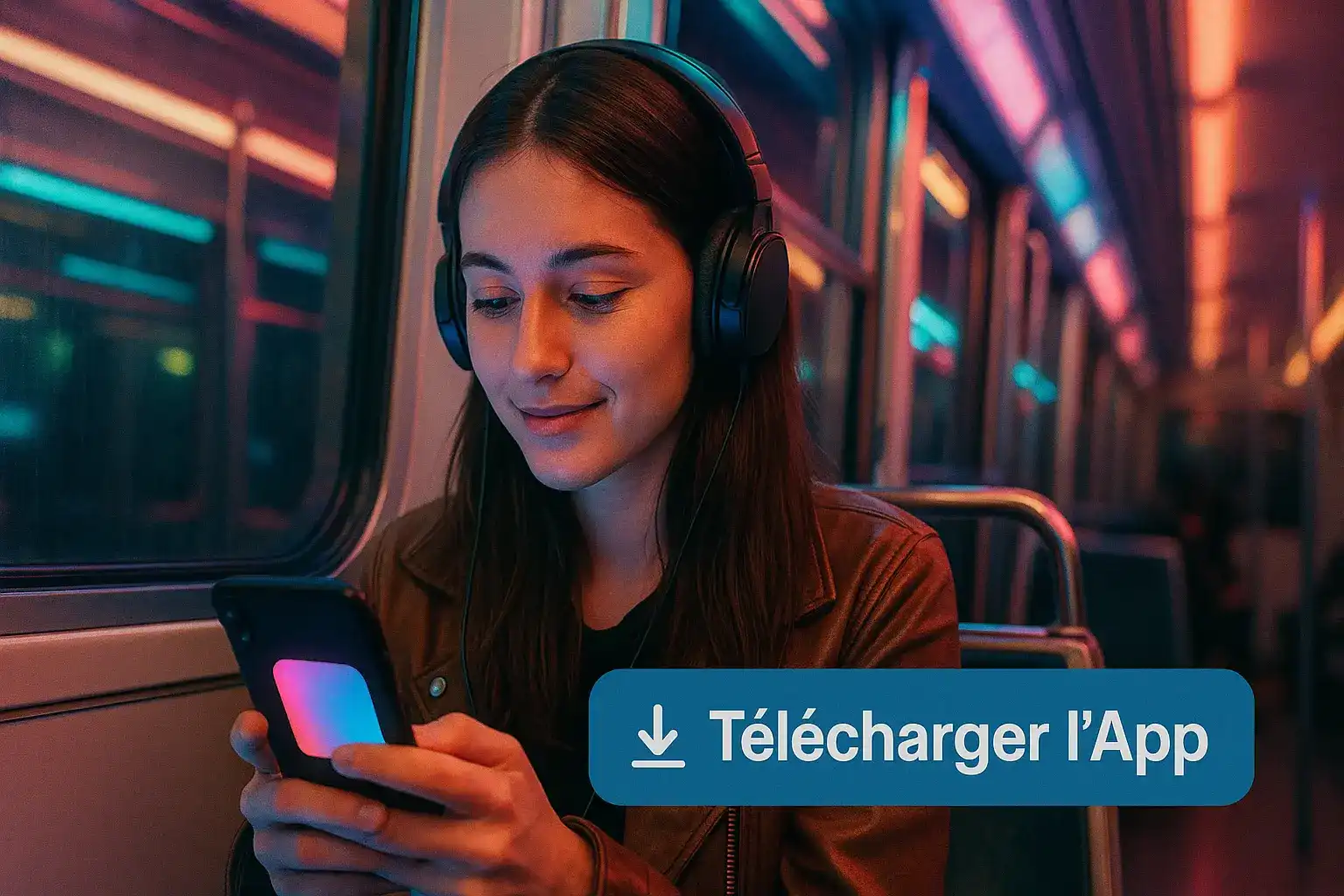 Une jeune femme dans le métro écoutant de la musique et utilisant l'application fluide de casino770 sur son smartphone pour jouer en déplacement.