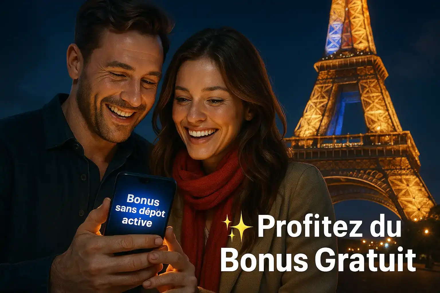 Un couple heureux devant la Tour Eiffel à Paris active un bonus sans dépôt sur un smartphone, une offre spéciale de bienvenue de casino770.