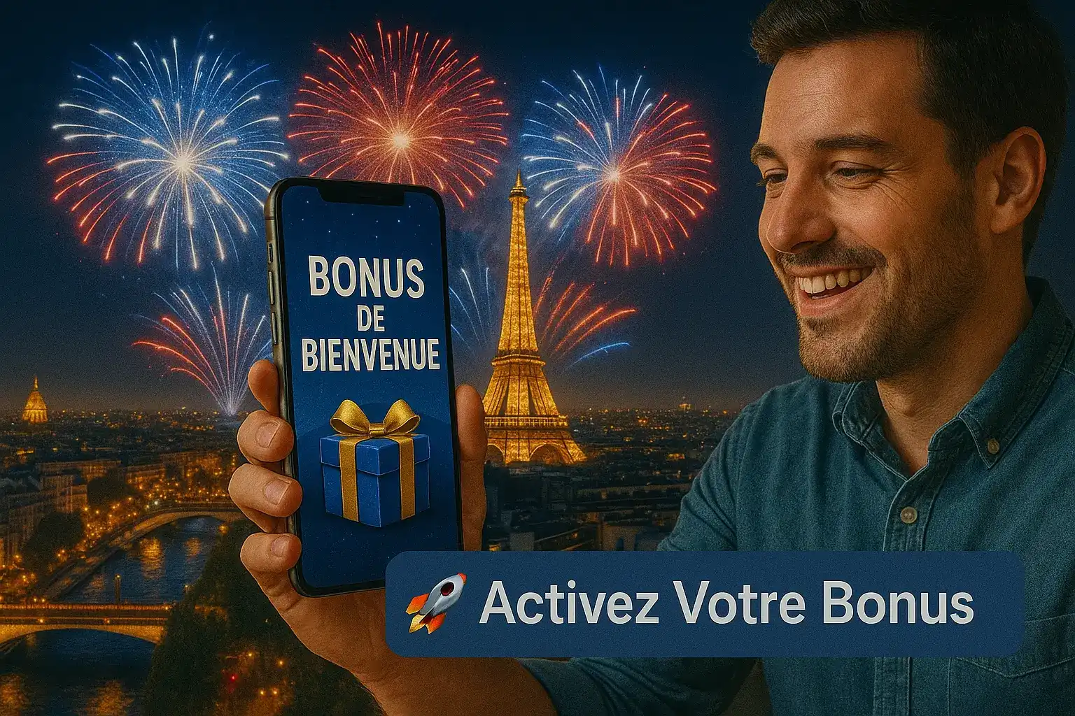 Un homme souriant active son bonus de bienvenue sur son téléphone portable avec Paris et des feux d'artifice en arrière-plan, célébrant son inscription sur casino770.
