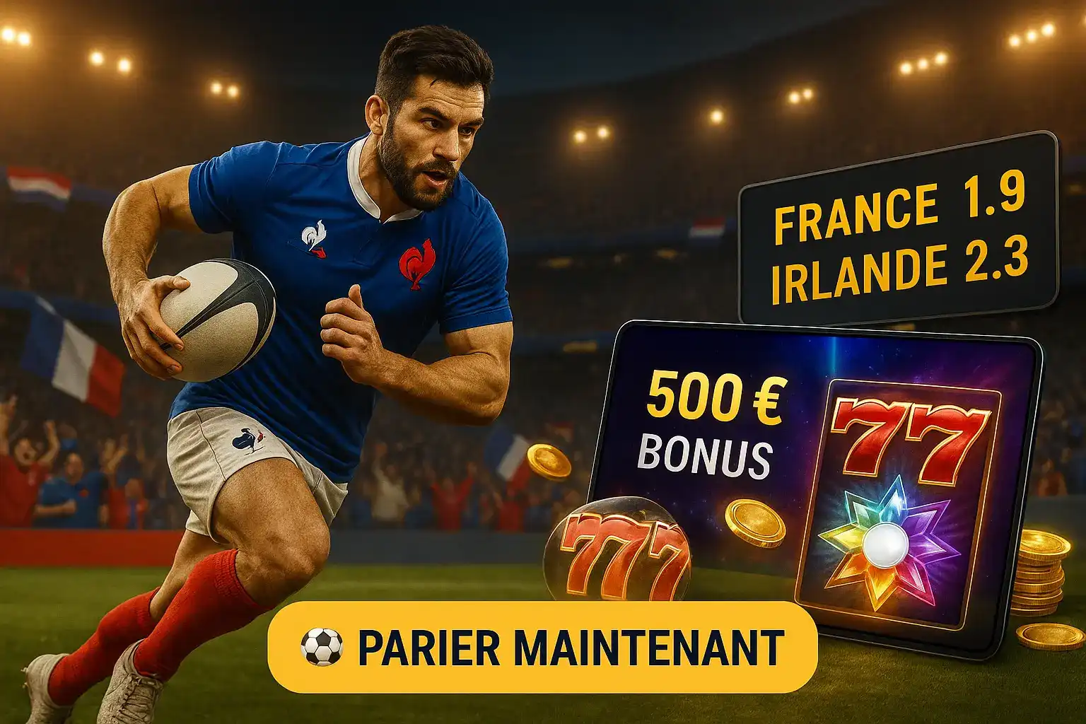 Un joueur de rugby de l'équipe de France en pleine action, avec les cotes de pari pour le match France-Irlande. Profitez du bonus de 500€ de casino770 pour parier.