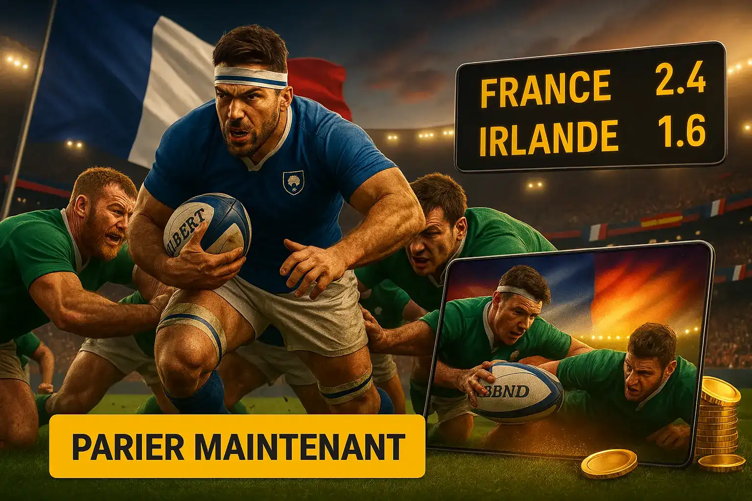 L'équipe de rugby française dans une mêlée intense contre l'Irlande, avec les cotes de pari en direct affichées. Placez vos paris sur le match avec casino770.