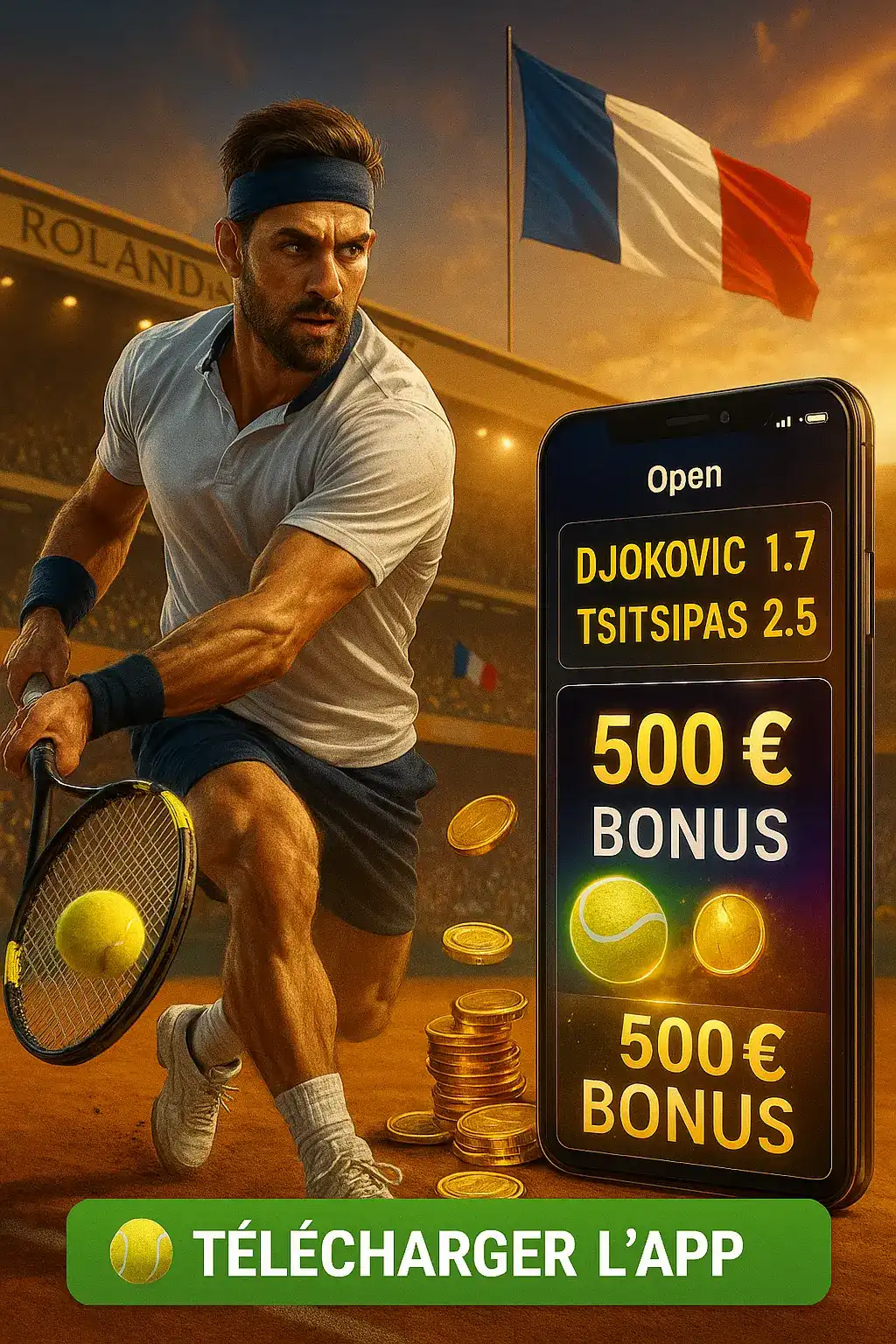 Un joueur de tennis à Roland-Garros, à côté d'un smartphone affichant les cotes pour Djokovic vs Tsitsipas et un bonus de 500€ sur l'application de casino770.