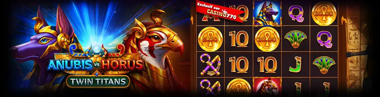 Affrontement des dieux égyptiens sur la machine à sous Anubis vs Horus Twin Titans, un jeu exclusif de casino770 avec des symboles de l'Égypte ancienne.