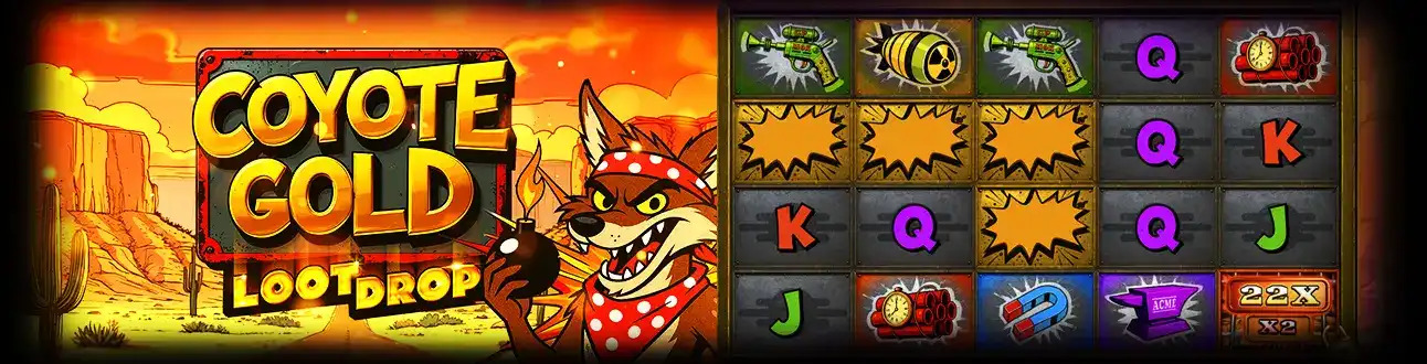 La machine à sous explosive Coyote Gold Loot Drop, avec un coyote de dessin animé et des symboles de dynamite dans un décor de canyon, à essayer sur casino770.