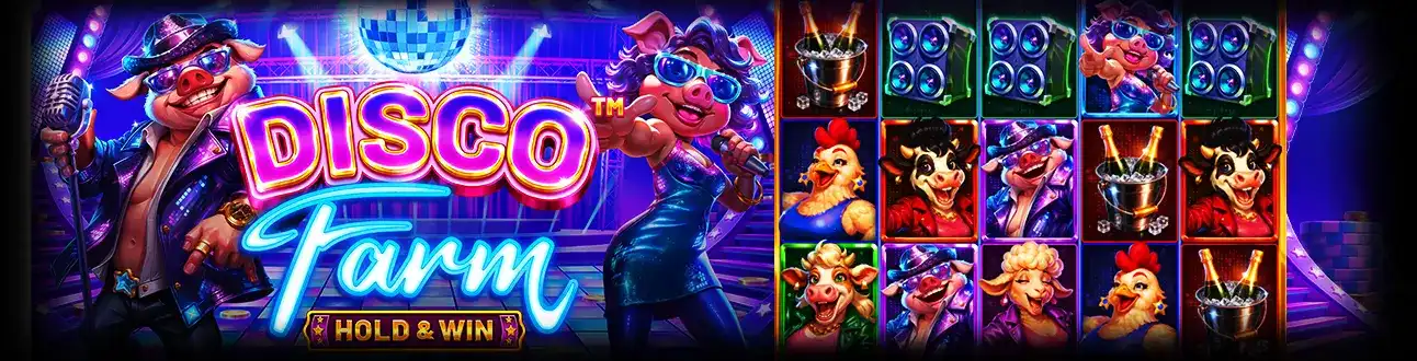 Ambiance festive avec la machine à sous Disco Farm Hold and Win, mettant en scène des animaux de la ferme en train de danser, un jeu amusant de casino770.