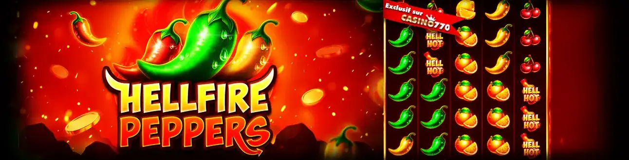 La machine à sous pimentée Hellfire Peppers, avec des piments de toutes les couleurs sur un fond enflammé. Un jeu exclusif disponible sur casino770.