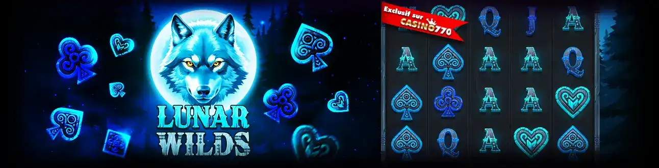 La machine à sous mystique Lunar Wilds avec un loup majestueux sous la pleine lune. Plongez dans cette aventure nocturne exclusive sur casino770.