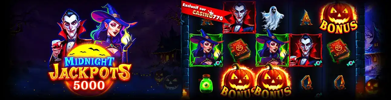 Bannière de la machine à sous Midnight Jackpots 5000 sur le thème d'Halloween avec un vampire et une sorcière. Ce jeu est une exclusivité casino770.